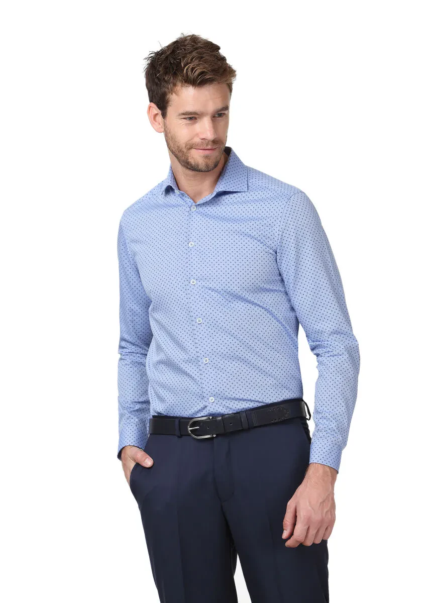 Blue Printed Regular Fit Weaving Classical 100% Cotton Shirt - 1