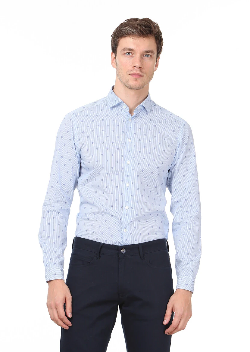 Blue Printed Slim Fit Weaving Casual 100% Cotton Shirt - 1