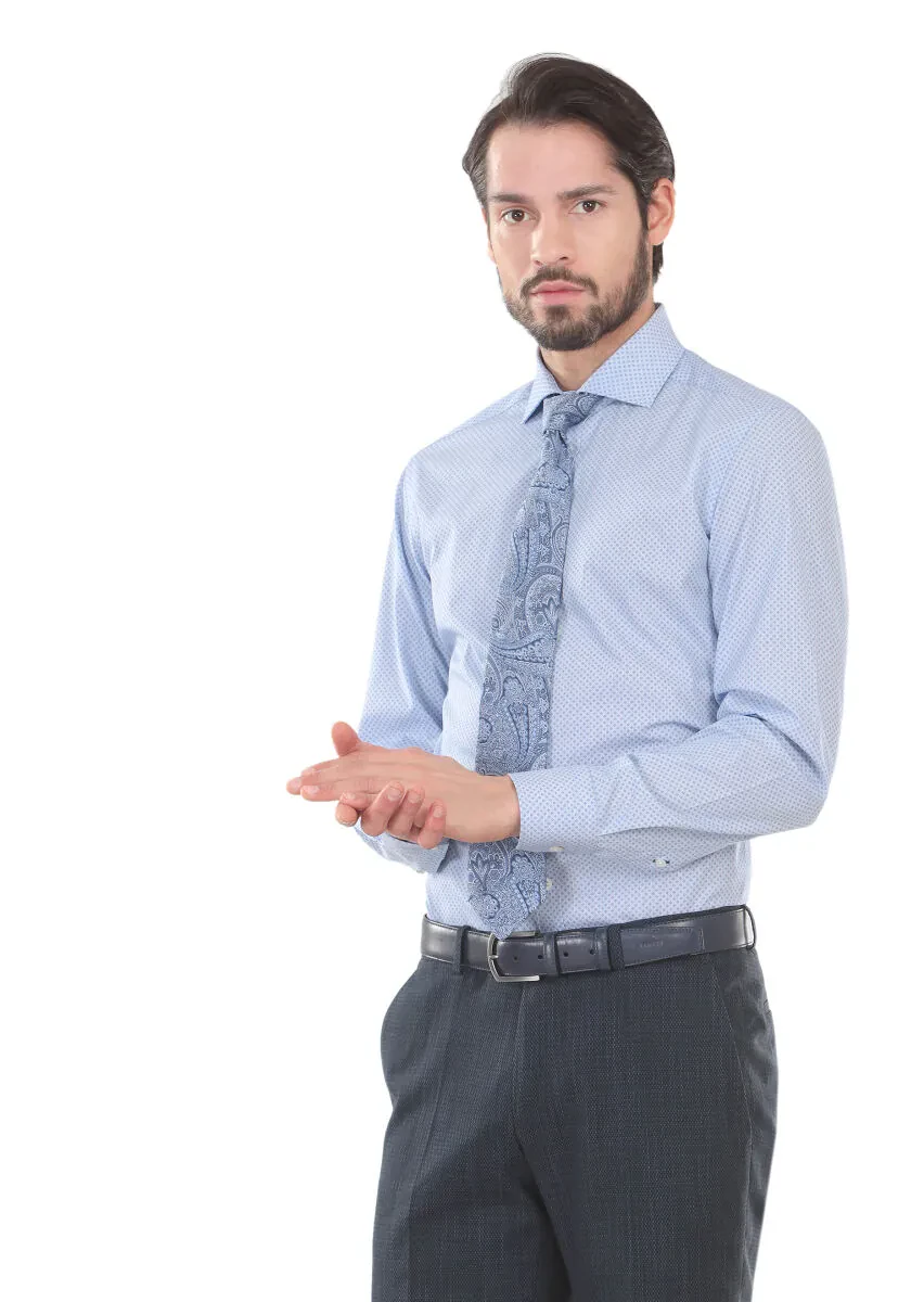 Blue Printed Slim Fit Weaving Classical 100% Cotton Shirt - 1