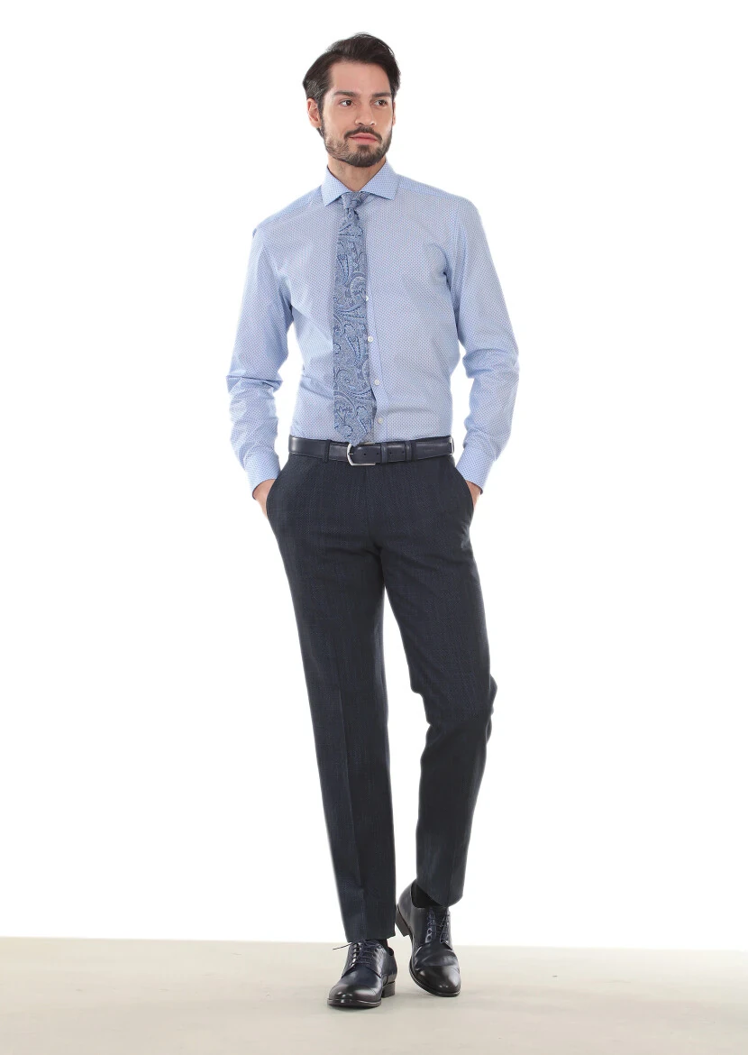 Blue Printed Slim Fit Weaving Classical 100% Cotton Shirt - 3