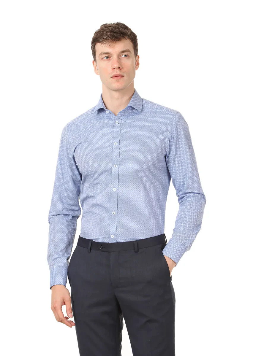Blue Printed Slim Fit Weaving Classical 100% Cotton Shirt - 1