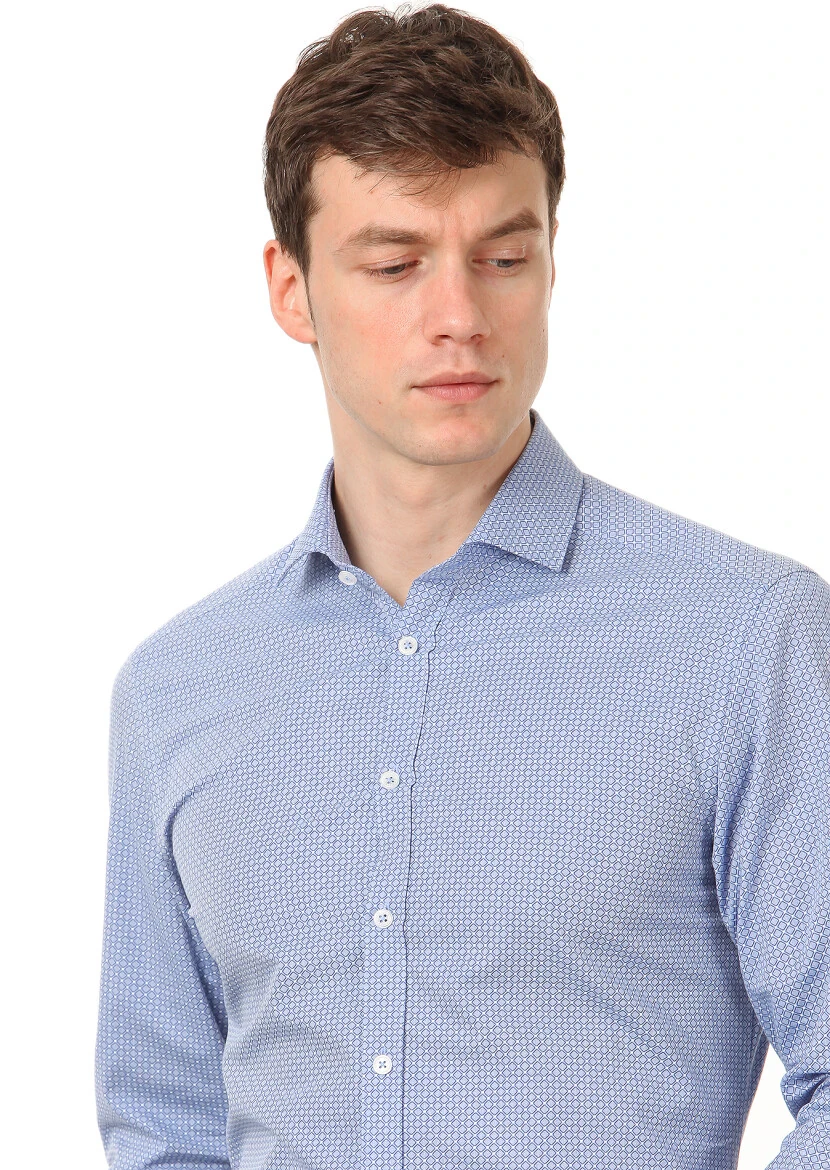 Blue Printed Slim Fit Weaving Classical 100% Cotton Shirt 