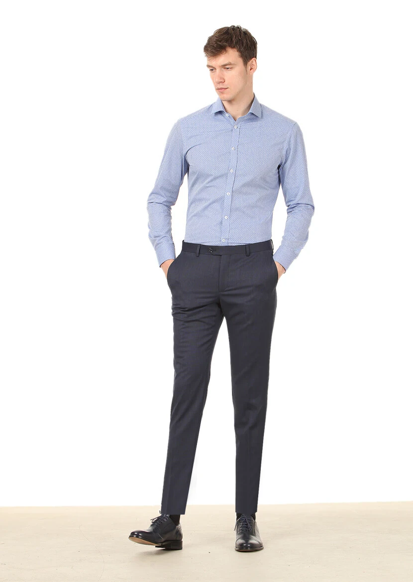 Blue Printed Slim Fit Weaving Classical 100% Cotton Shirt - 3