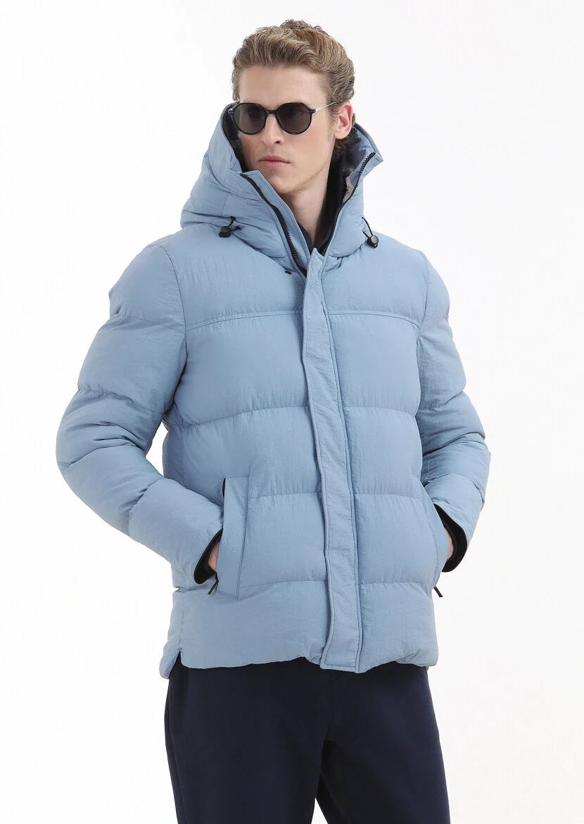 Blue Regular Fit Hooded Casual Weaving Coat - 3