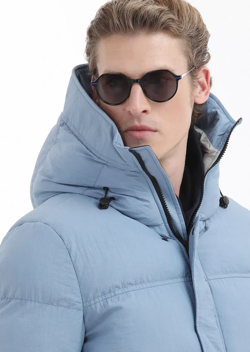 Blue Regular Fit Hooded Casual Weaving Coat - 4