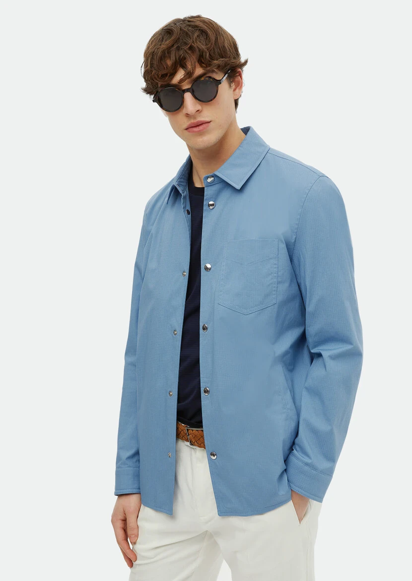 Blue Regular Fit Shirt Collar Casual Weaving Coat - 1