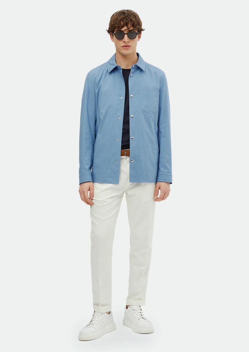 Blue Regular Fit Shirt Collar Casual Weaving Coat - 2