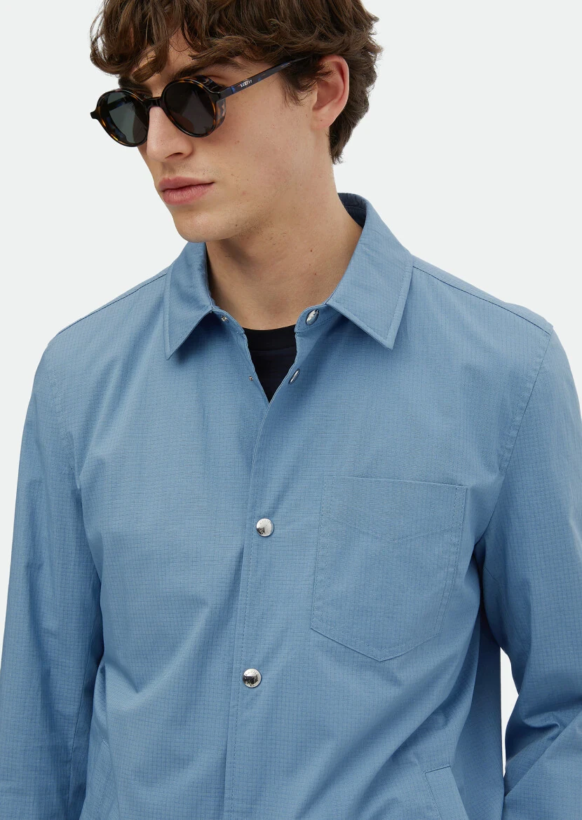 Blue Regular Fit Shirt Collar Casual Weaving Coat - 3