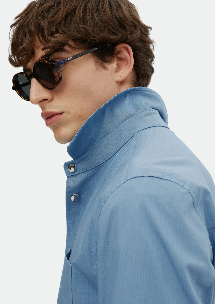 Blue Regular Fit Shirt Collar Casual Weaving Coat - 4