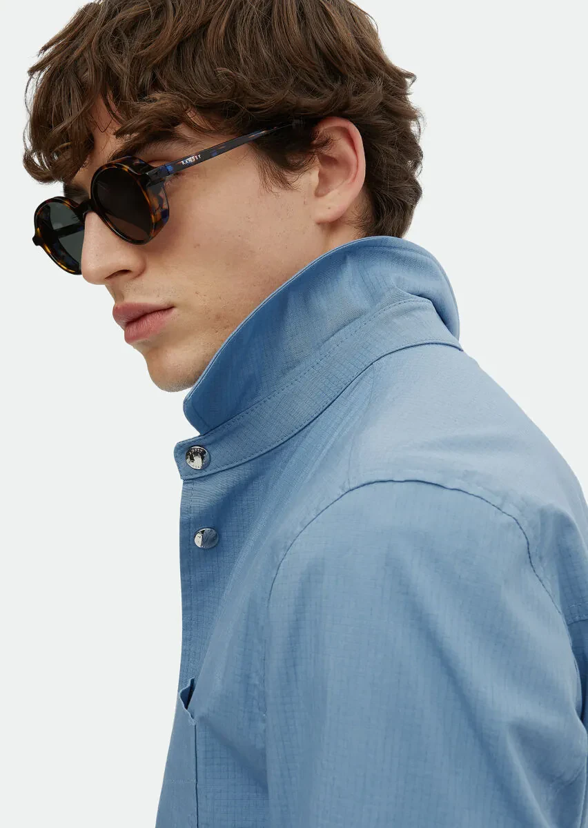 Blue Regular Fit Shirt Collar Casual Weaving Coat - 4