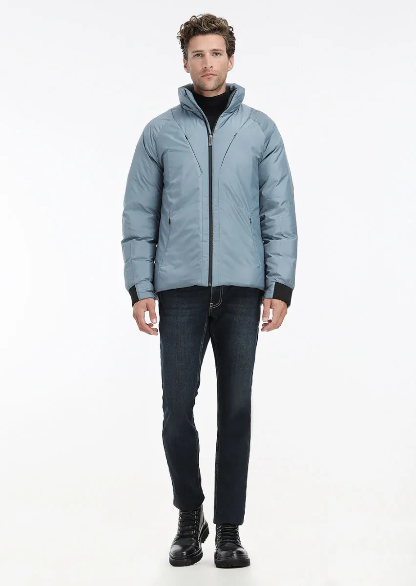 Blue Regular Fit Turtleneck Casual Weaving Coat - 1