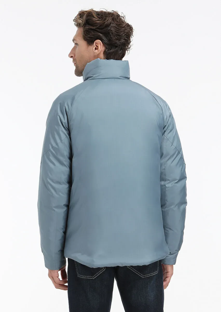 Blue Regular Fit Turtleneck Casual Weaving Coat - 7