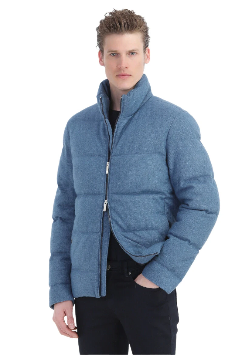 Blue Regular Fit Turtleneck Casual Weaving Coat - 5