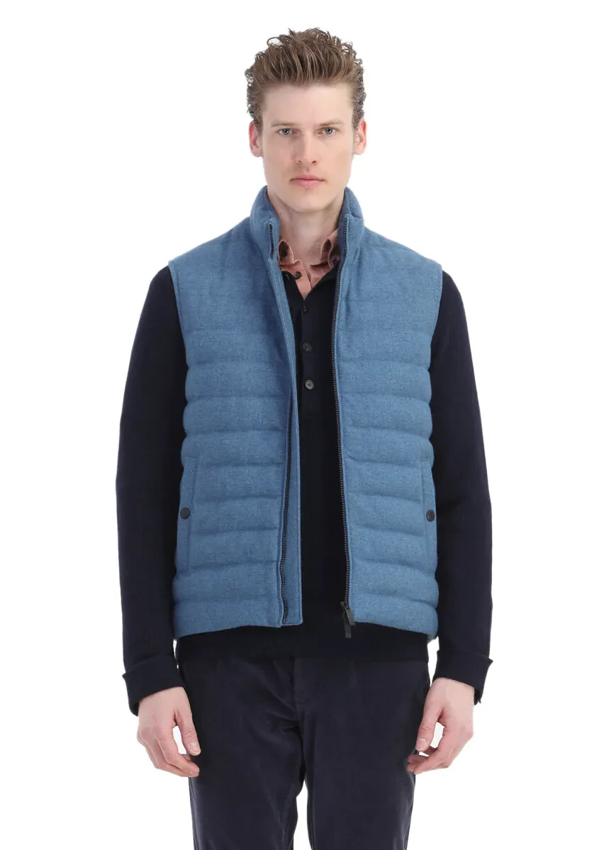 Blue Regular Fit Turtleneck Casual Weaving Puffer Vest - 1