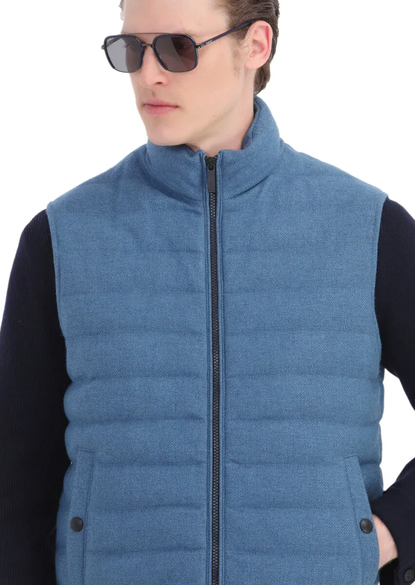 Blue Regular Fit Turtleneck Casual Weaving Puffer Vest - 5