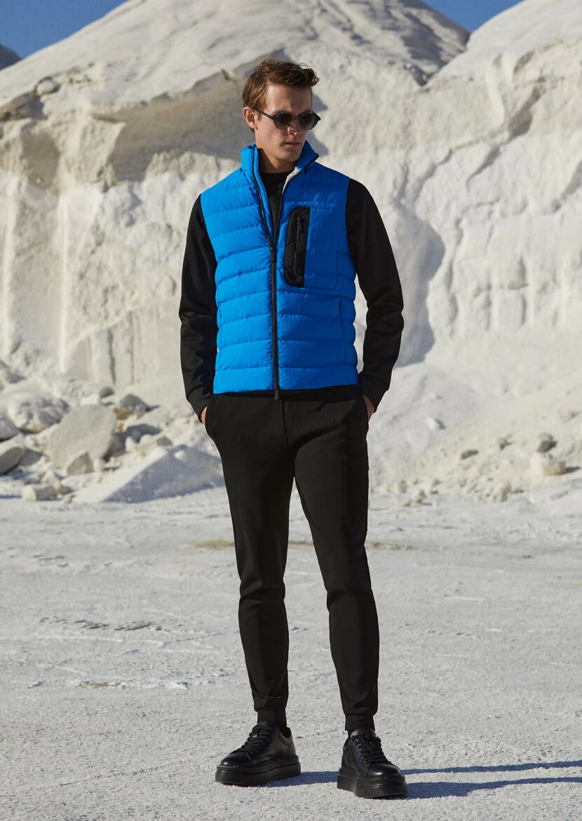 Blue Regular Fit Turtleneck Casual Weaving Puffer Vest - RAMSEY