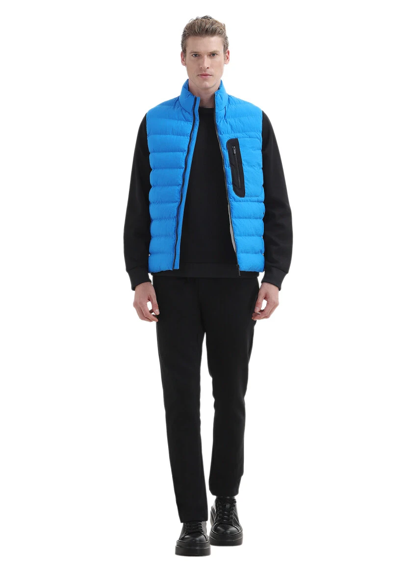 Blue Regular Fit Turtleneck Casual Weaving Puffer Vest - RAMSEY