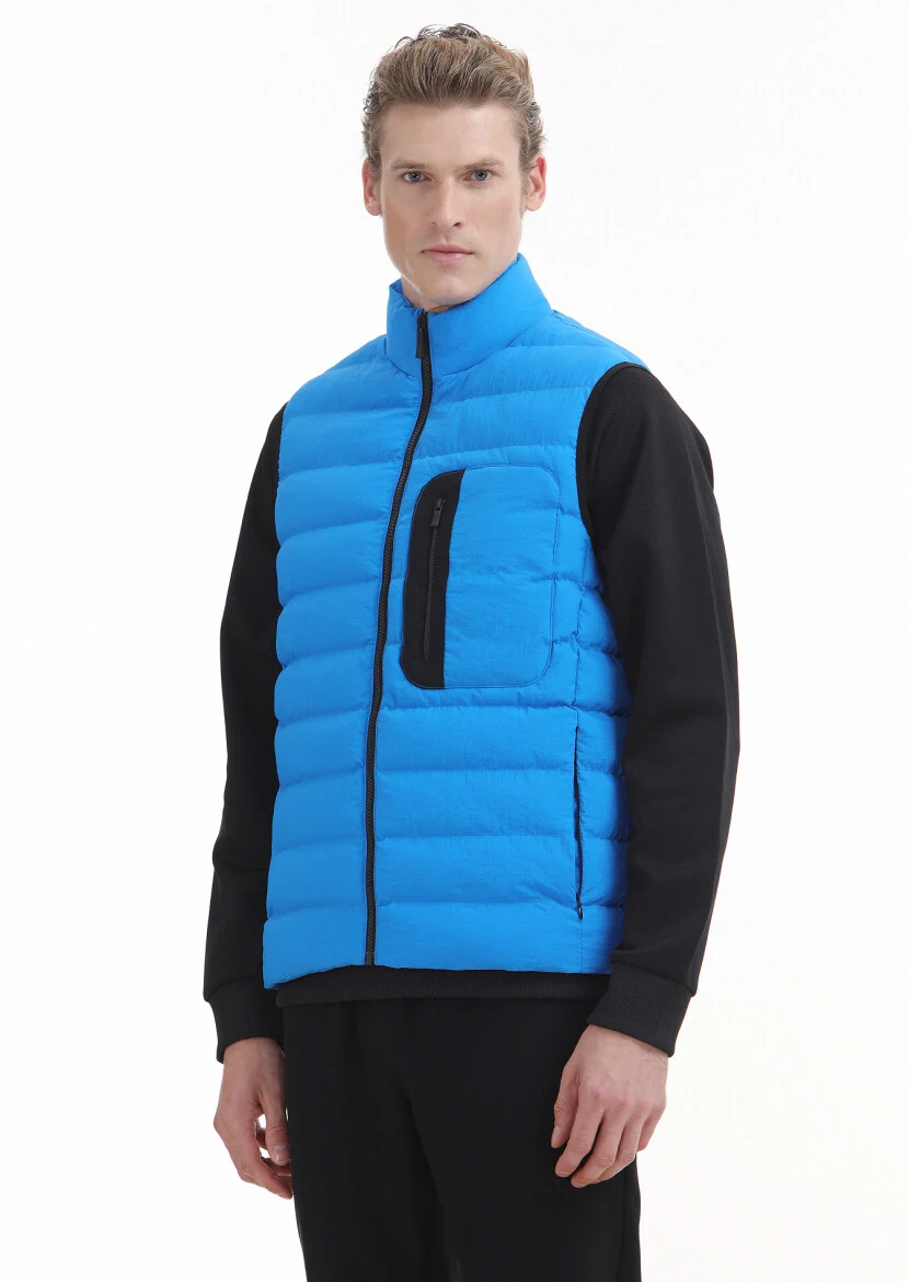 Blue Regular Fit Turtleneck Casual Weaving Puffer Vest - 4