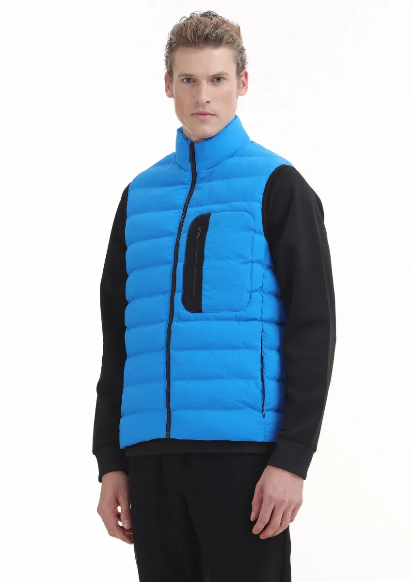 Blue Regular Fit Turtleneck Casual Weaving Puffer Vest - 4