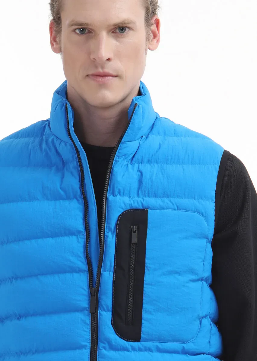 Blue Regular Fit Turtleneck Casual Weaving Puffer Vest - 5