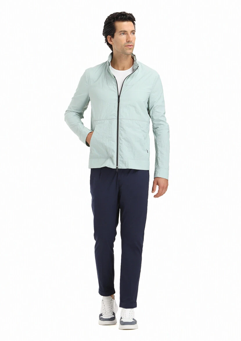 Blue Regular Fit Turtleneck Casual Weaving Removable Hood Coat - 1