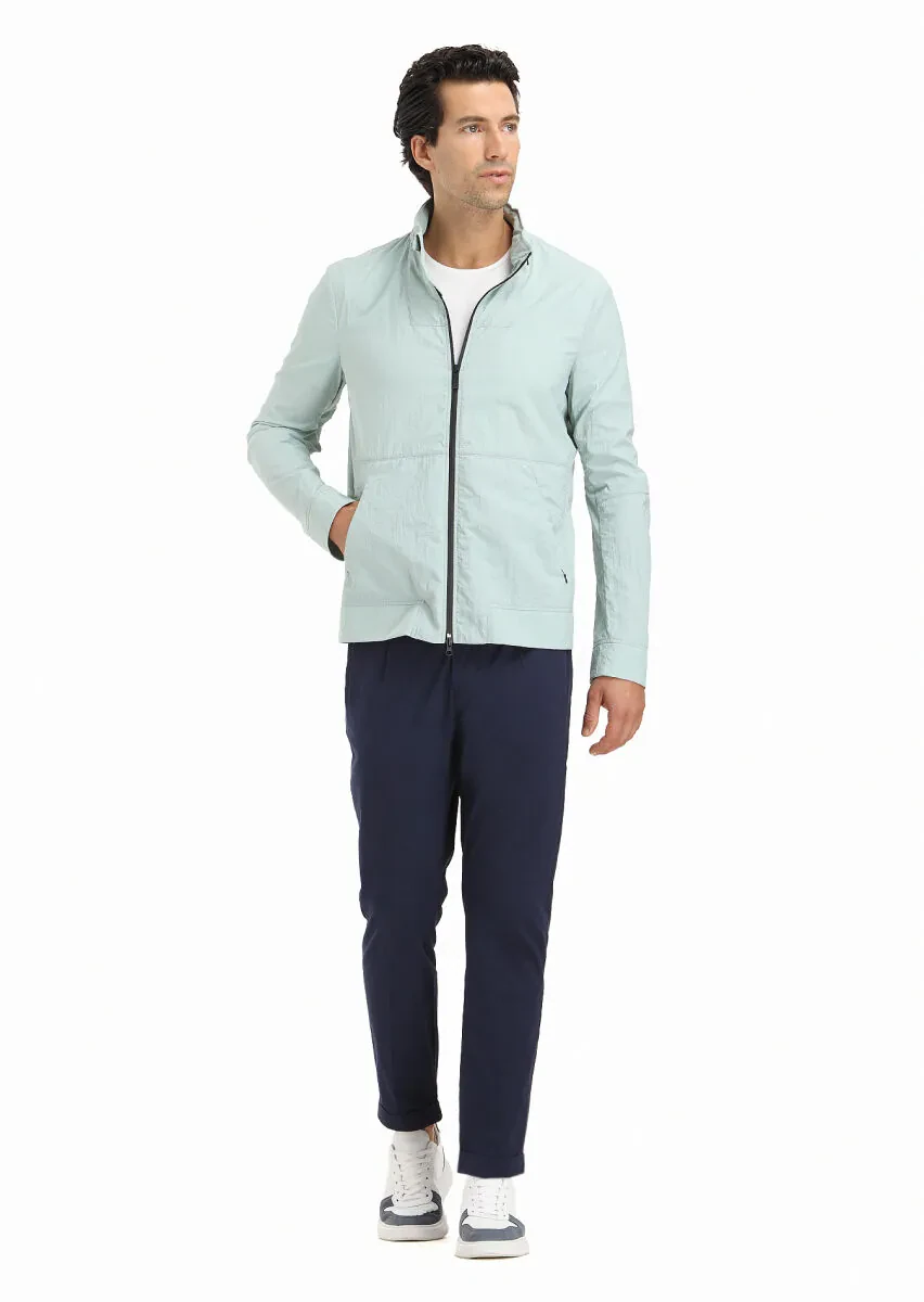 Blue Regular Fit Turtleneck Casual Weaving Removable Hood Coat - 1