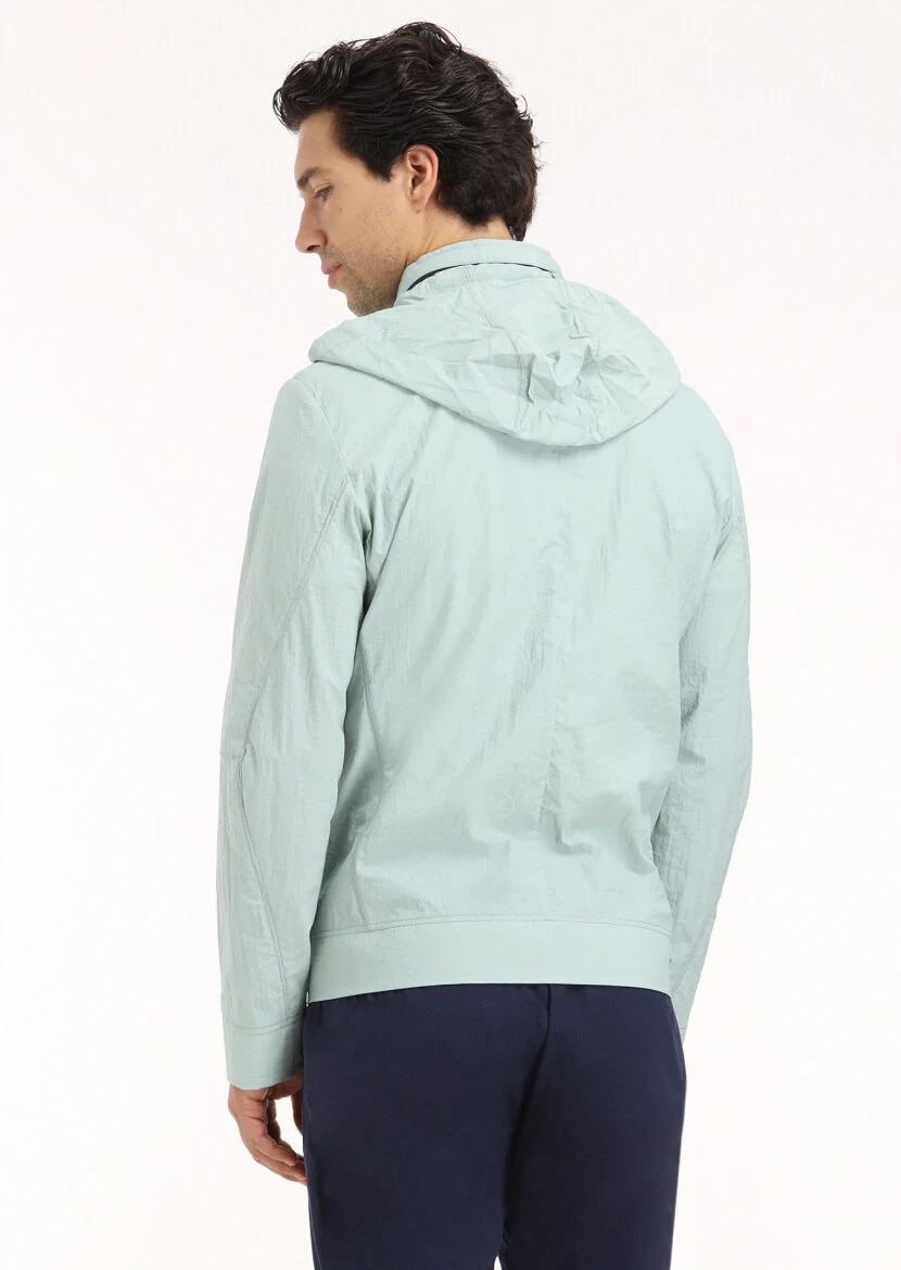 Blue Regular Fit Turtleneck Casual Weaving Removable Hood Coat - 5