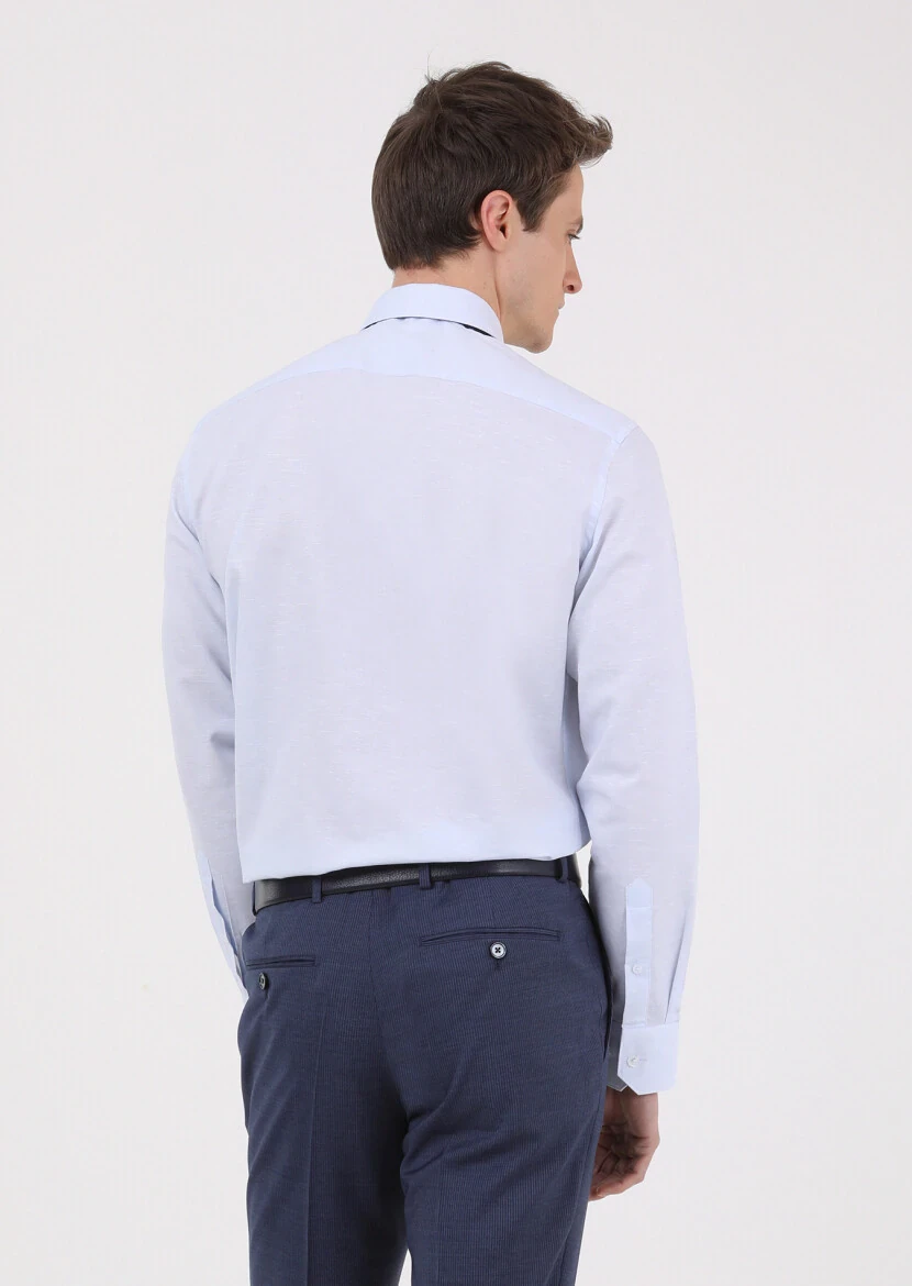 Blue Regular Fit Weaving Classical Cotton Blended Shirt - 5