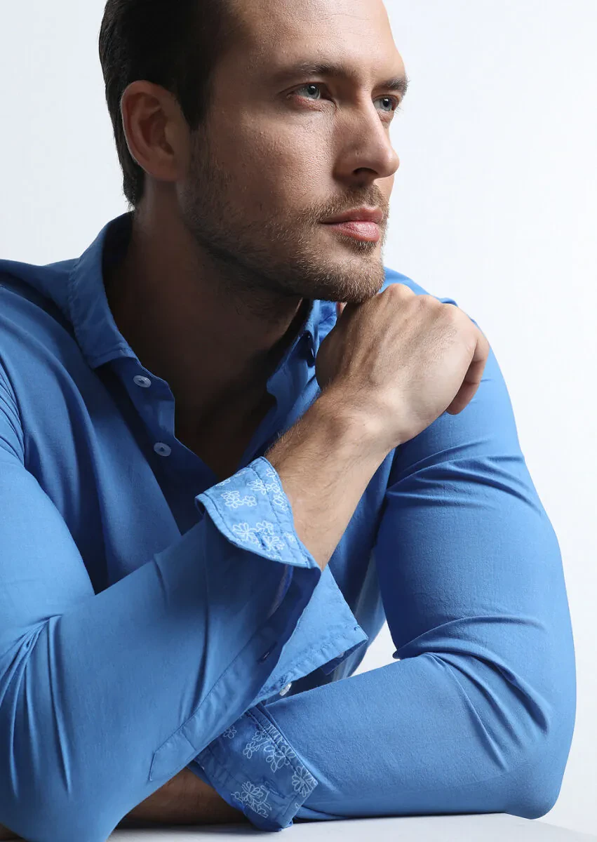 Blue Regular Fit Weaving Denim 100% Cotton Shirt - 1