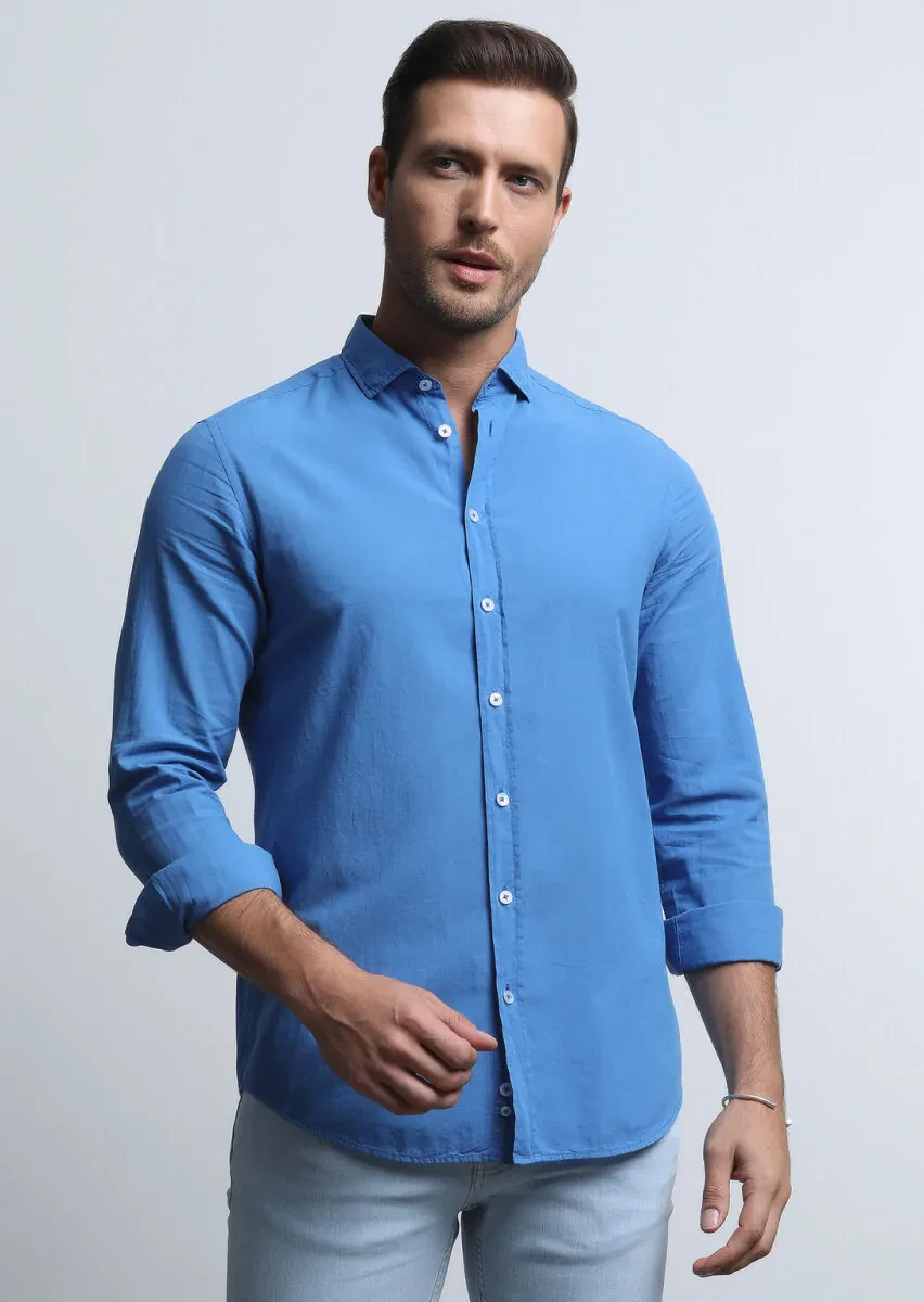 Blue Regular Fit Weaving Denim 100% Cotton Shirt - 2