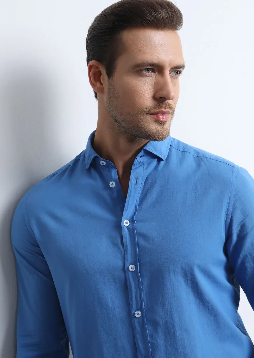 Blue Regular Fit Weaving Denim 100% Cotton Shirt - 3