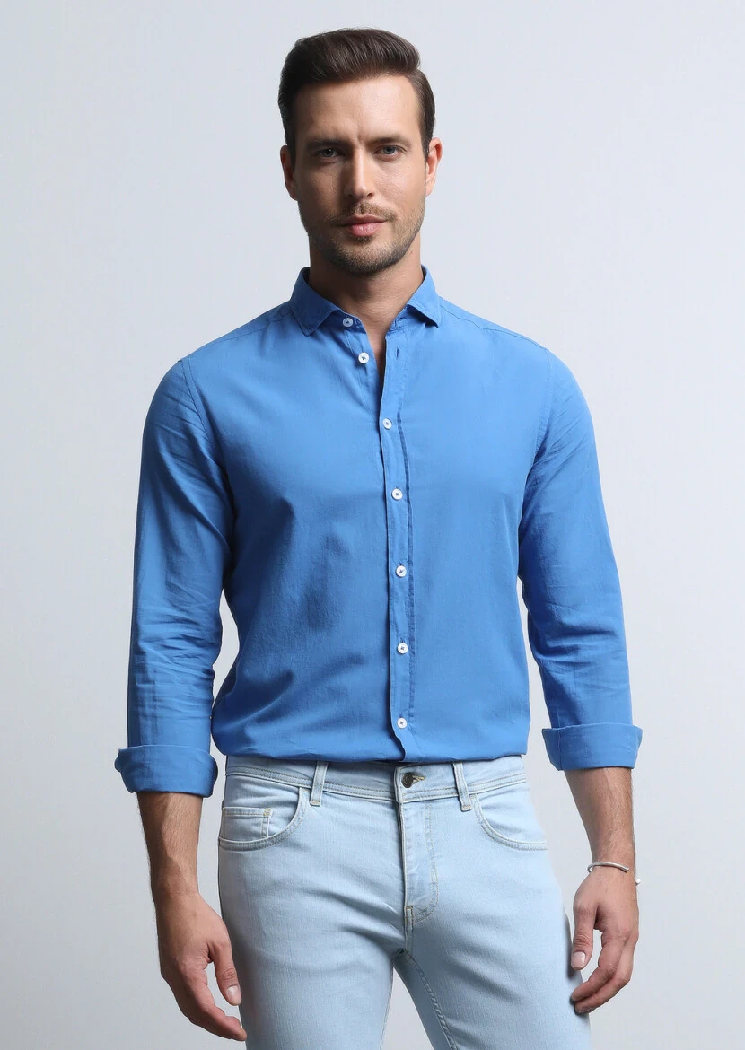 Blue Regular Fit Weaving Denim 100% Cotton Shirt - 4