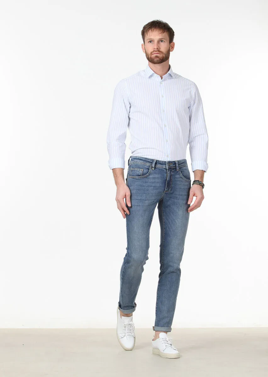 Blue Slim Fit Denim Cotton Blended Trousers - 2