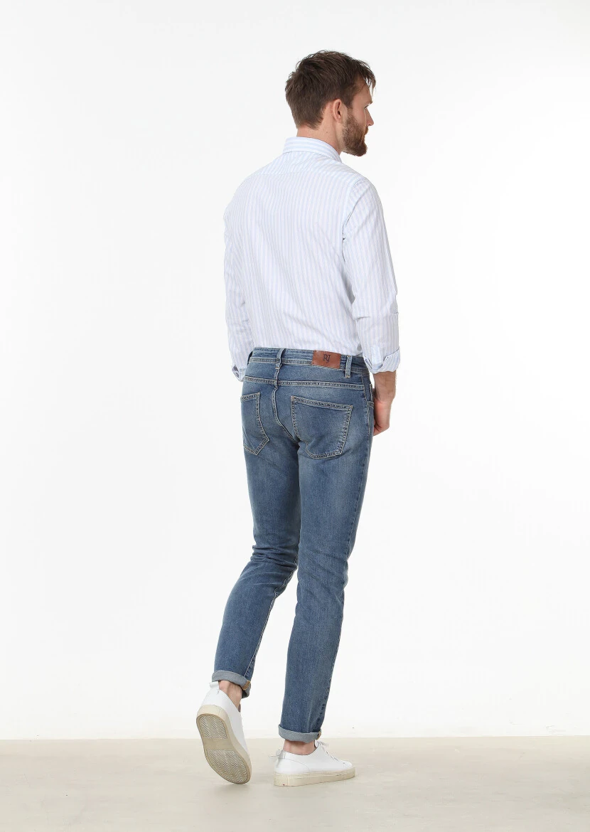 Blue Slim Fit Denim Cotton Blended Trousers - 4