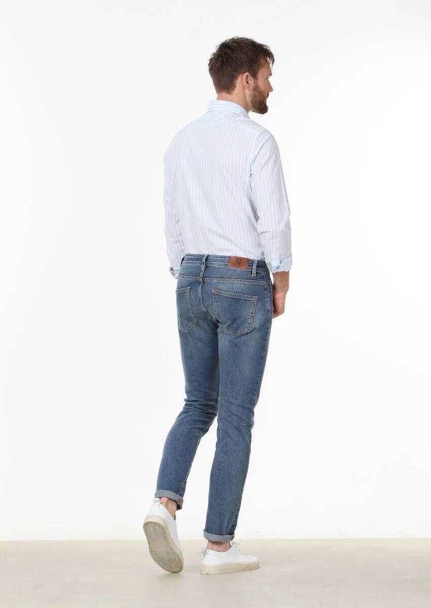 Blue Slim Fit Denim Cotton Blended Trousers - 4