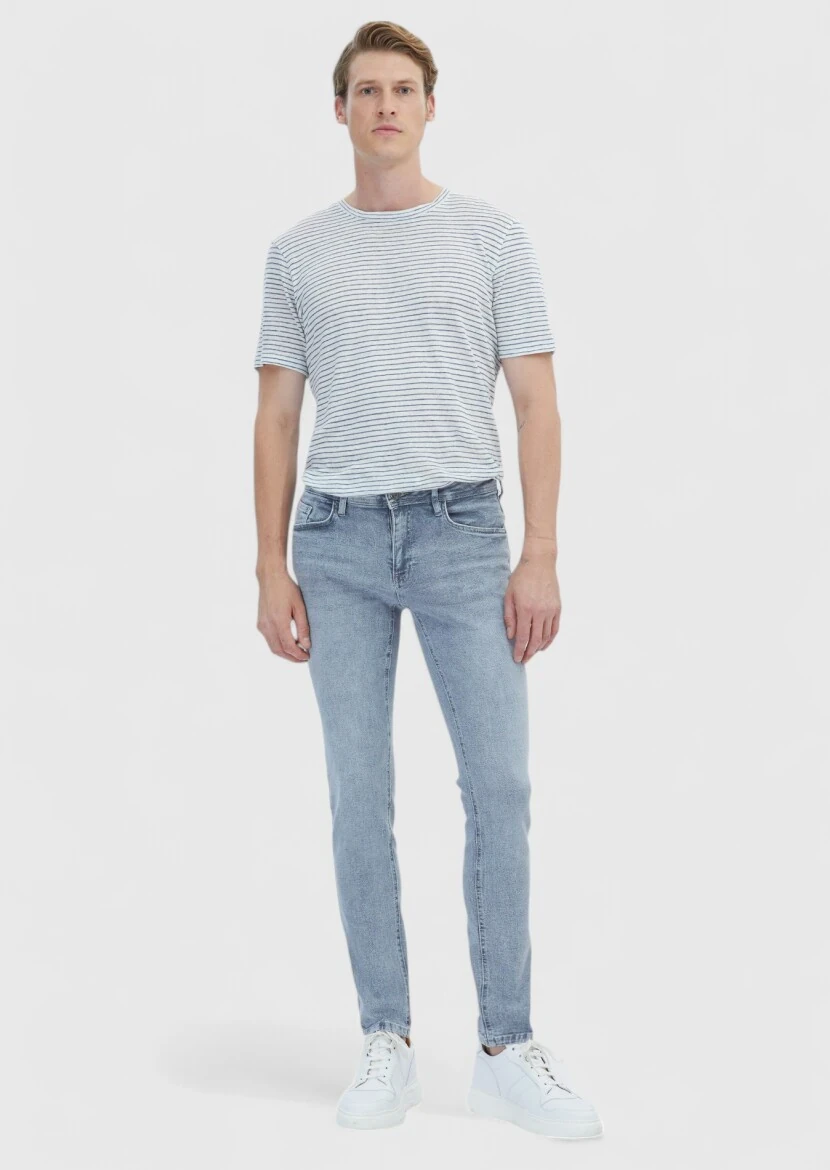 Blue Slim Fit Denim Cotton Blended Trousers - RAMSEY