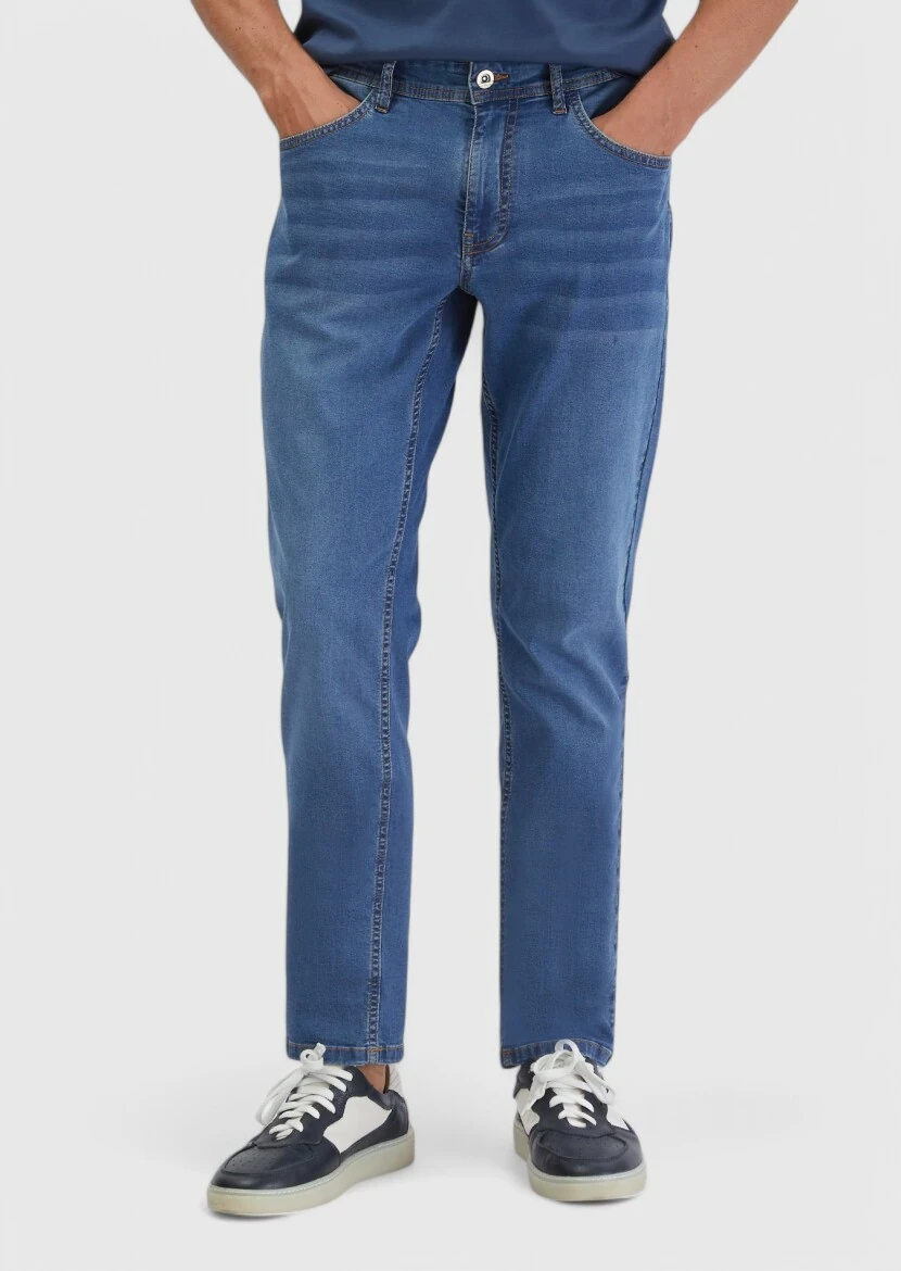 Blue Slim Fit Denim Cotton Blended Trousers - RAMSEY