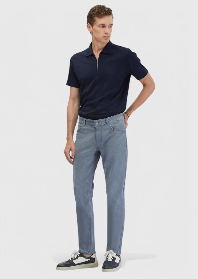 Blue Slim Fit Denim Cotton Blended Trousers - RAMSEY
