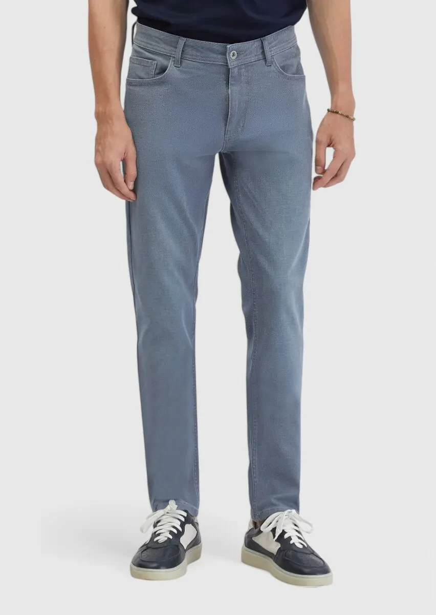 Blue Slim Fit Denim Cotton Blended Trousers - 2