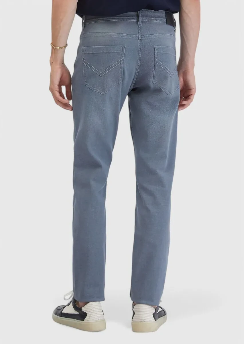 Blue Slim Fit Denim Cotton Blended Trousers - 4