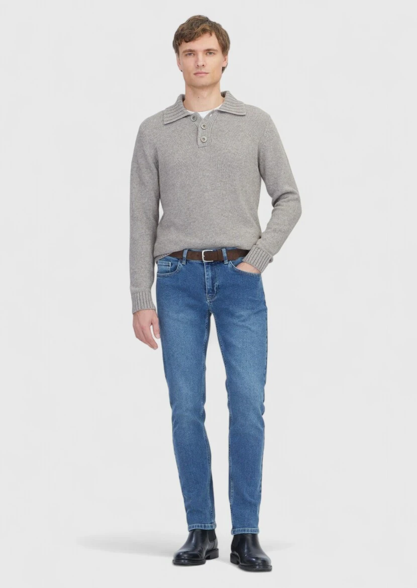 Blue Slim Fit Denim Cotton Blended Trousers - RAMSEY