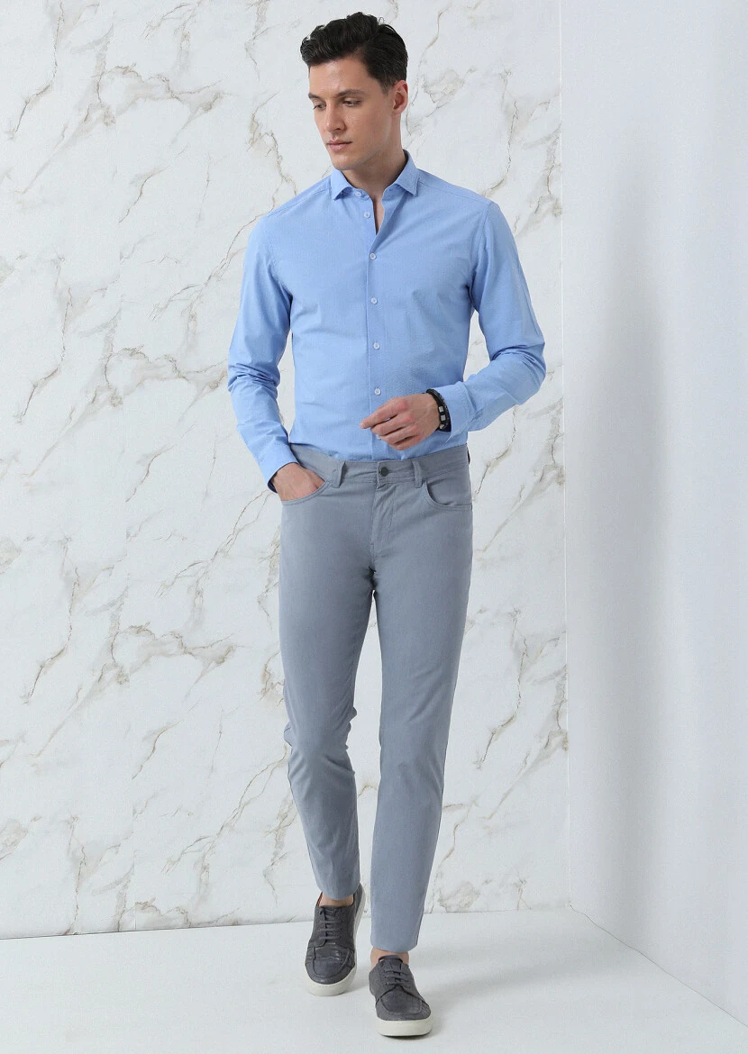 Blue Slim Fit Weaving Casual 100% Cotton Shirt - 1