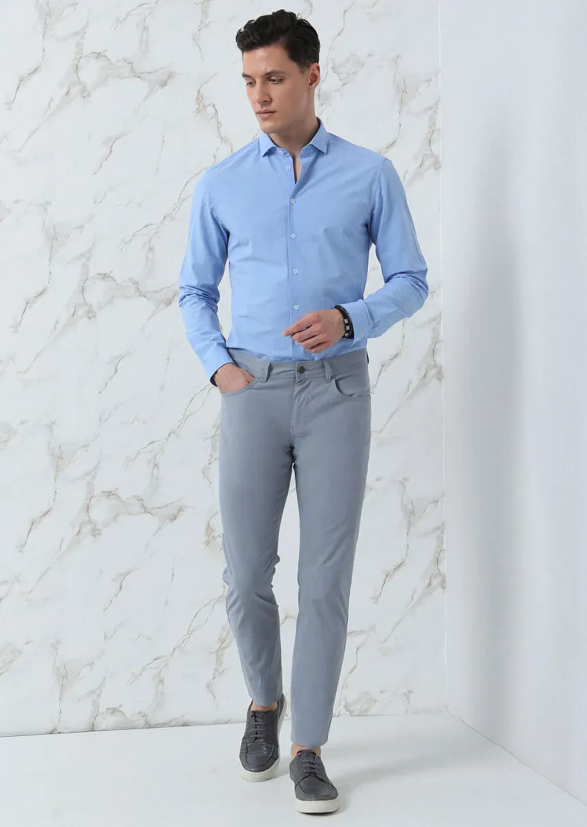 Blue Slim Fit Weaving Casual 100% Cotton Shirt - 1