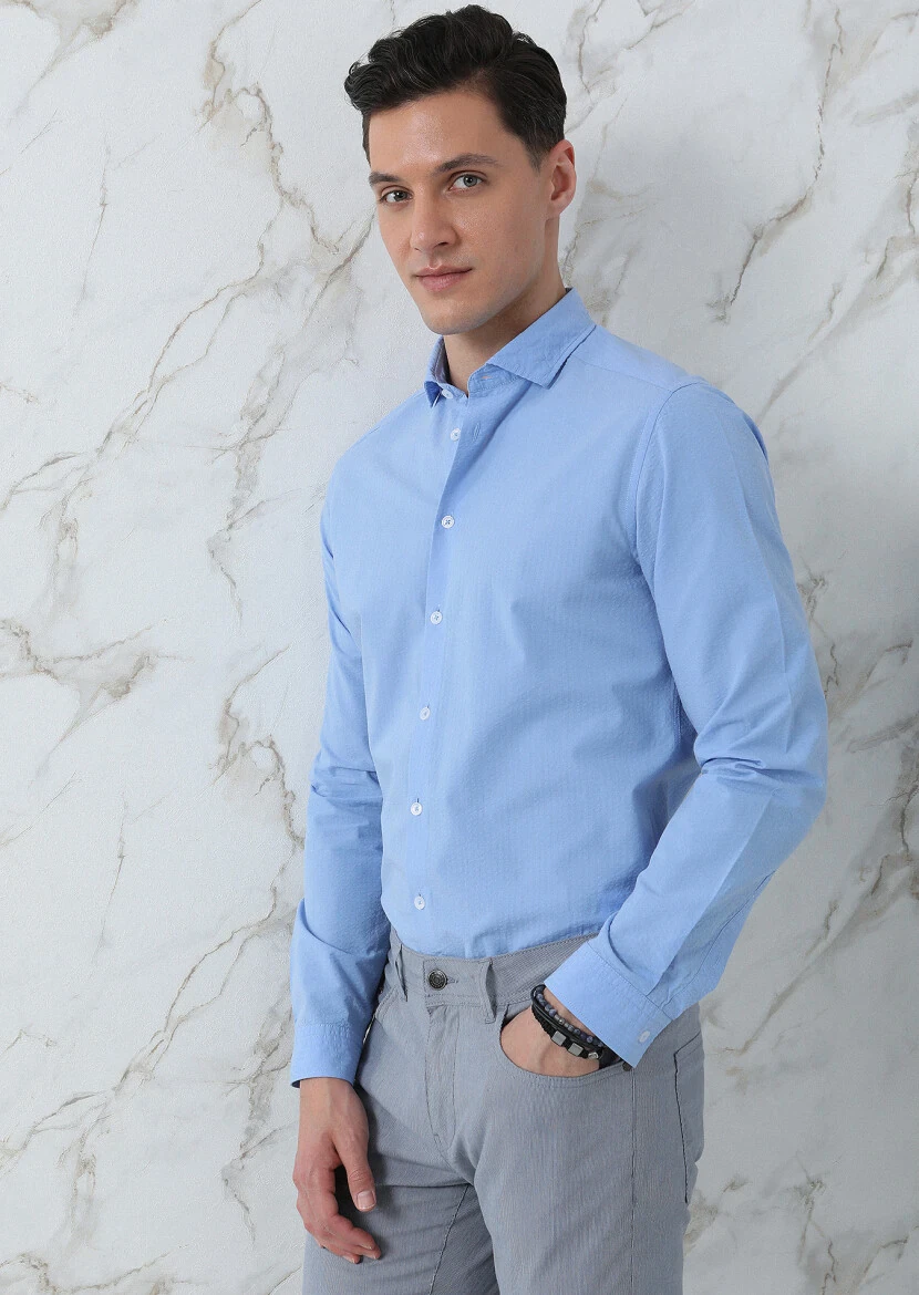 Blue Slim Fit Weaving Casual 100% Cotton Shirt - 2
