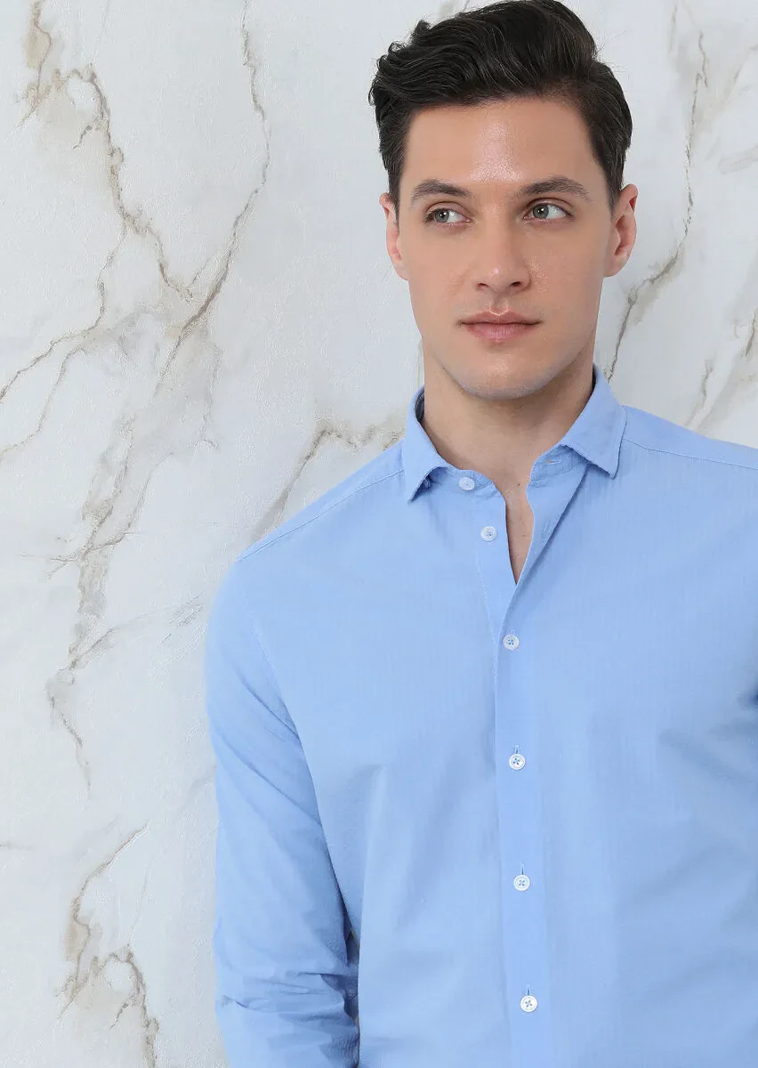 Blue Slim Fit Weaving Casual 100% Cotton Shirt - 3