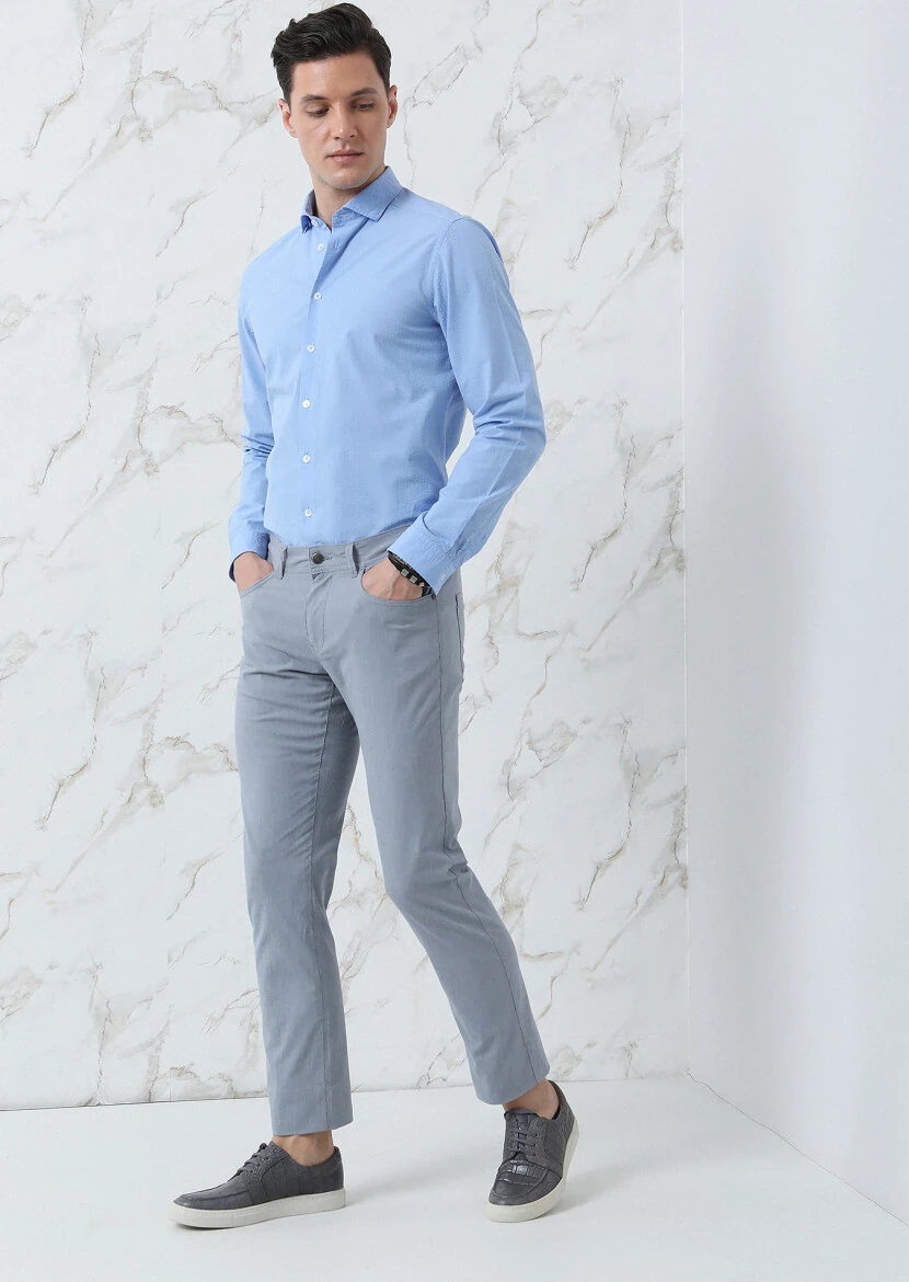 Blue Slim Fit Weaving Casual 100% Cotton Shirt - 4