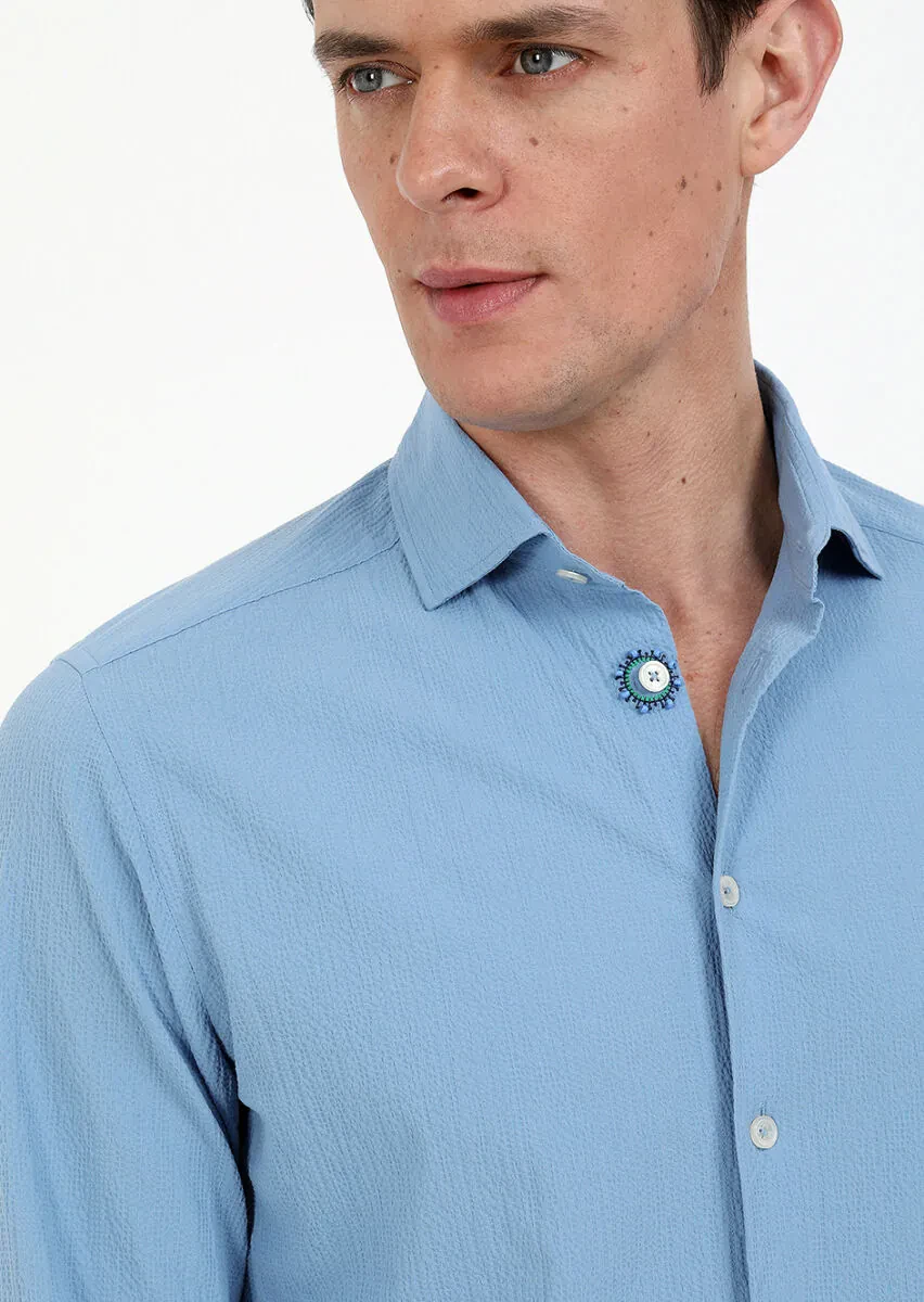 Blue Slim Fit Weaving Casual Cotton Blended Shirt - 2