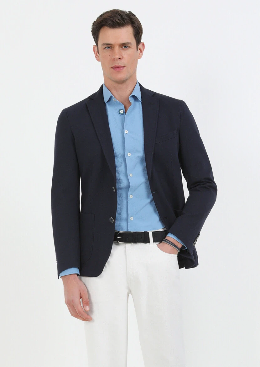 Blue Slim Fit Weaving Casual Cotton Blended Shirt - 3