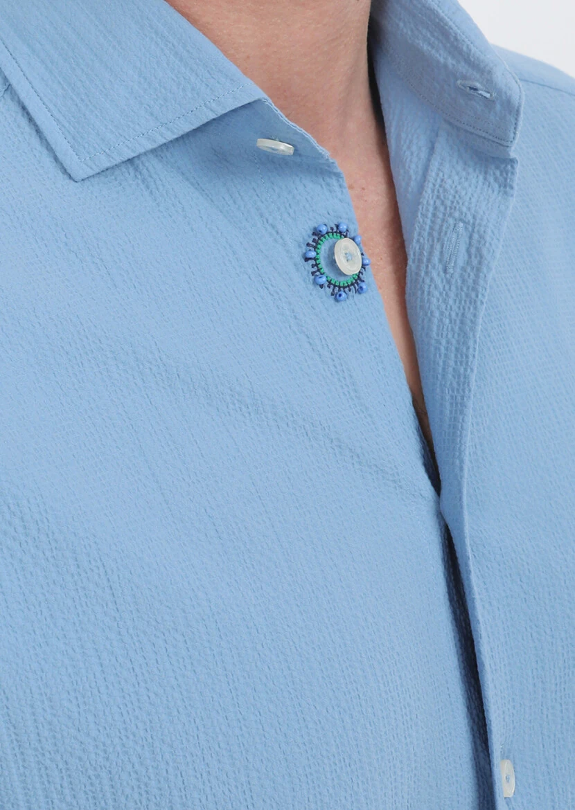 Blue Slim Fit Weaving Casual Cotton Blended Shirt - 5