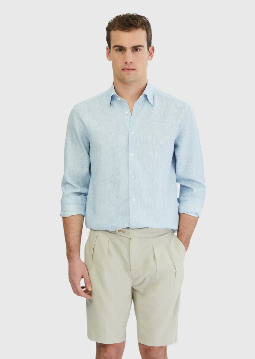 Blue Striped Casual Fit Weaving Casual Cotton Blended Shirt - RAMSEY